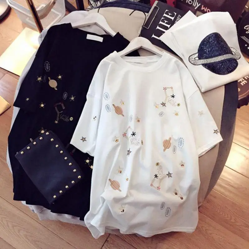 

2021 Summer Fashion Women's Mid Length T Shirt Embroidery Bear Loose Cotton Short Sleeve O Neck Tees Tops Oversized T Shirt