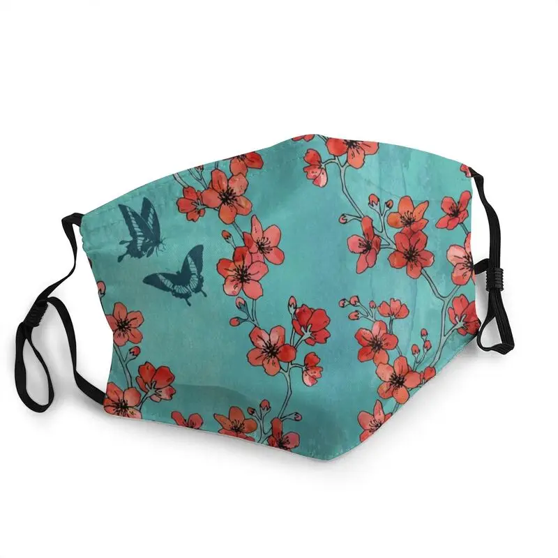 

Breathable Sakura Butterflies In Turquoise Mouth Mask Flowers Floral Cherry Blossom Anti Dust Protection Mask Respirator Muffle