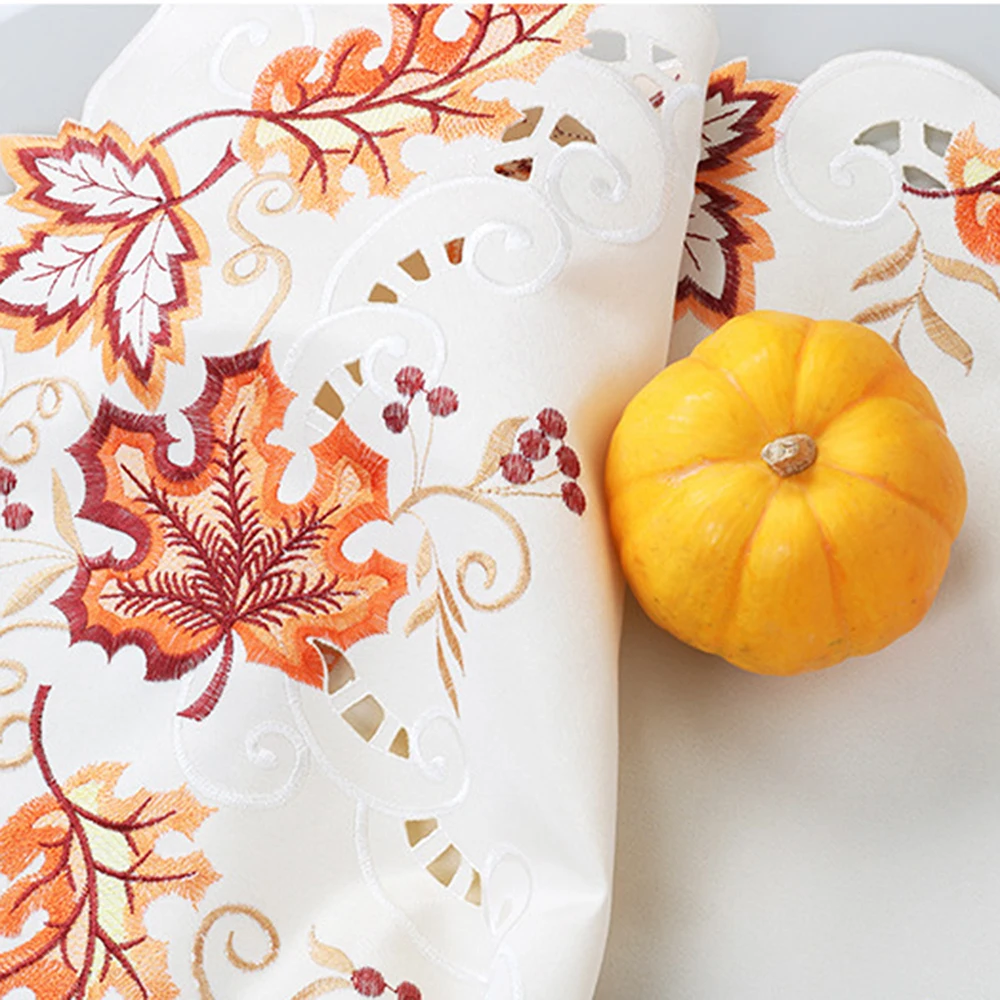 

Embroidered Maple Leaves Table Runner Handmade Table Cover for Fall Party Decor
