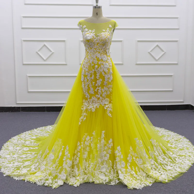 

SJ313 высококачественное кружевное желтое платье с аппликацией для выпускного вечера, вечернее платье русалки 2020