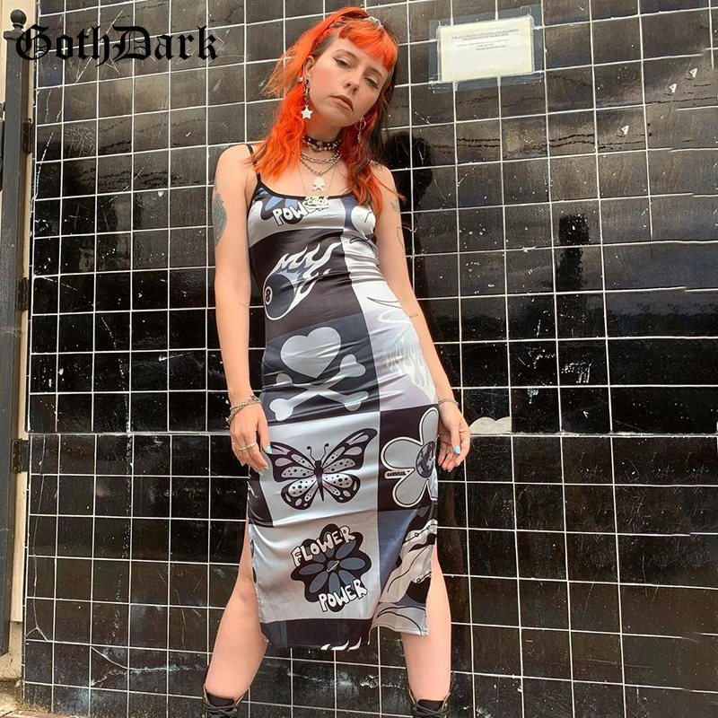 

Goth Dark Mall Gothic Emo Grunge Women Mini Dresses E-Girl Pastel Goth Punk Graphic Print Dress Sexy Slit Hem Summer Partywear