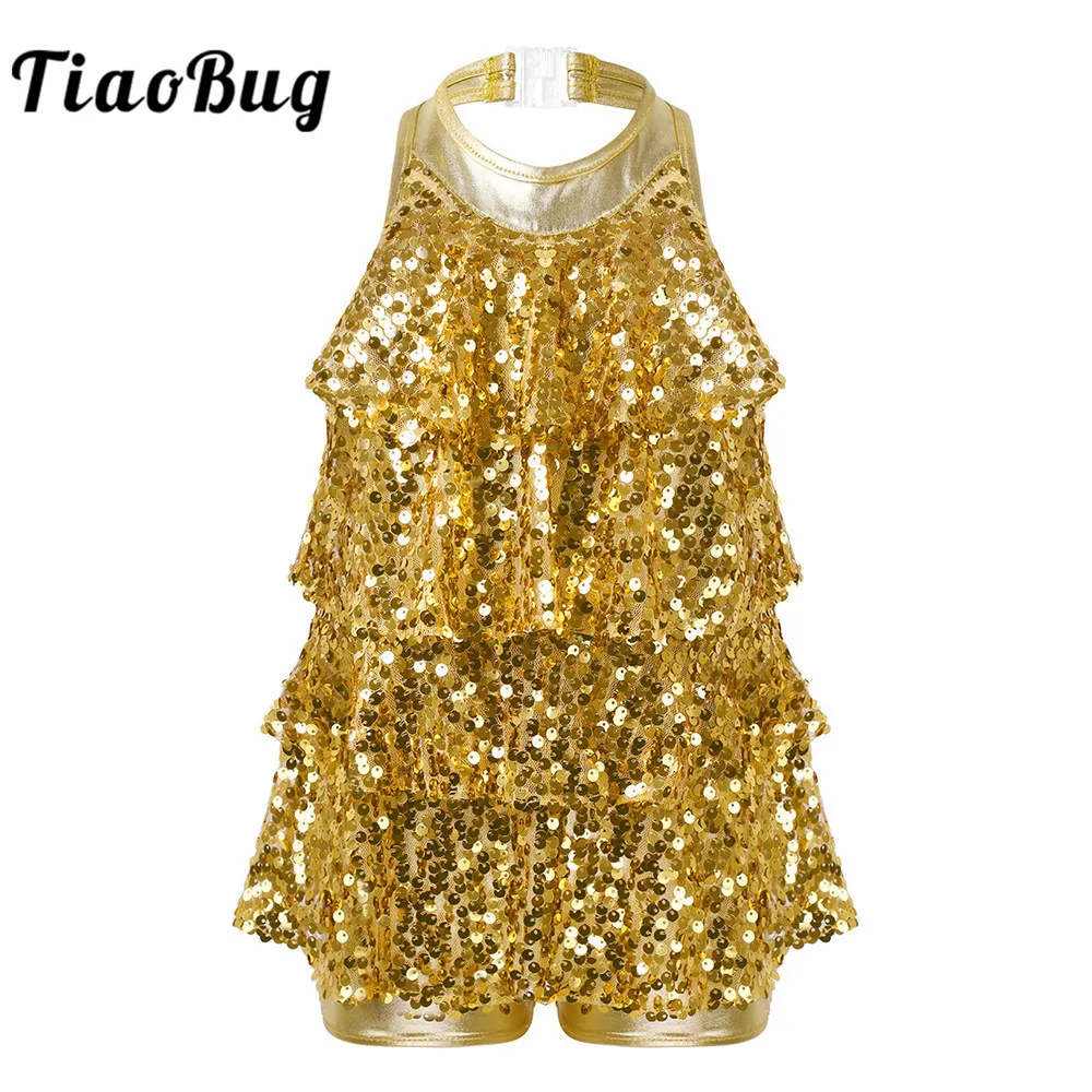 

TiaoBug Kids Halter Shiny Sequins Gymnastics Unitards Dress Girls Ballet Leotard Stage Performance Latin Jazz Dance Costume