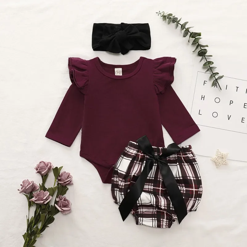 

Hot Sale Fashion Clothes Set Spring Autumn Leisure Baby Comfortable Short Pants And Headband Kids Three-piece Outfit Set