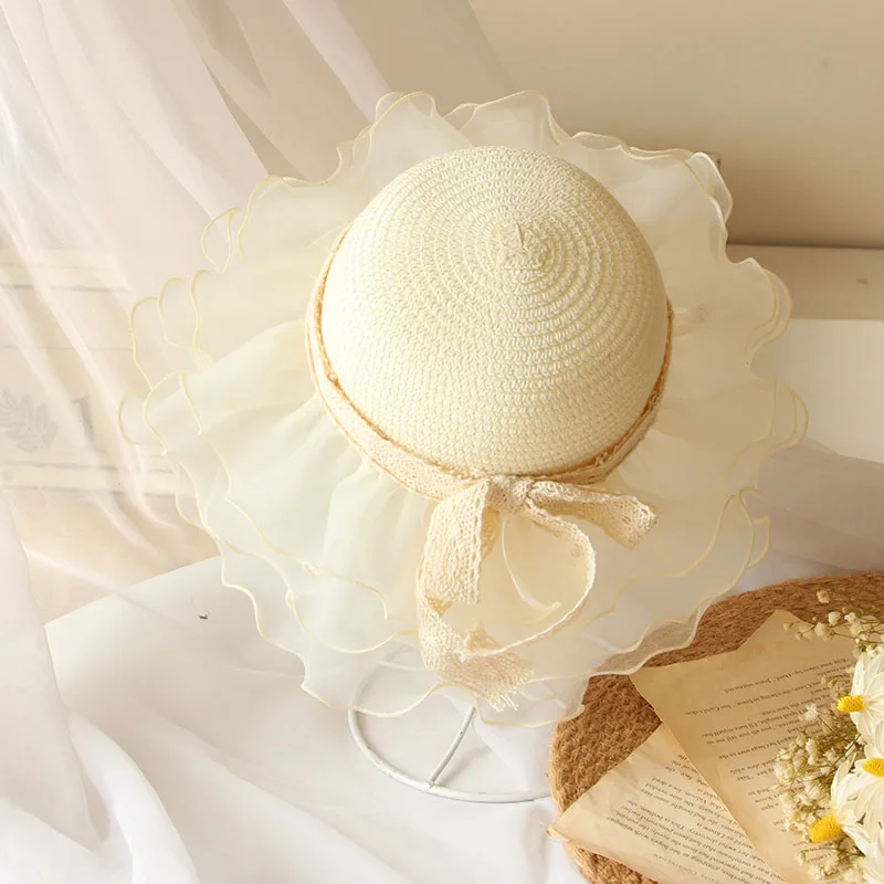 

Lace Sun Hats For Child Wide Brim Straw Beach Side Cap Floppy Female Dome Hat Lace Fringe Straw Hat Kids Summer Panama