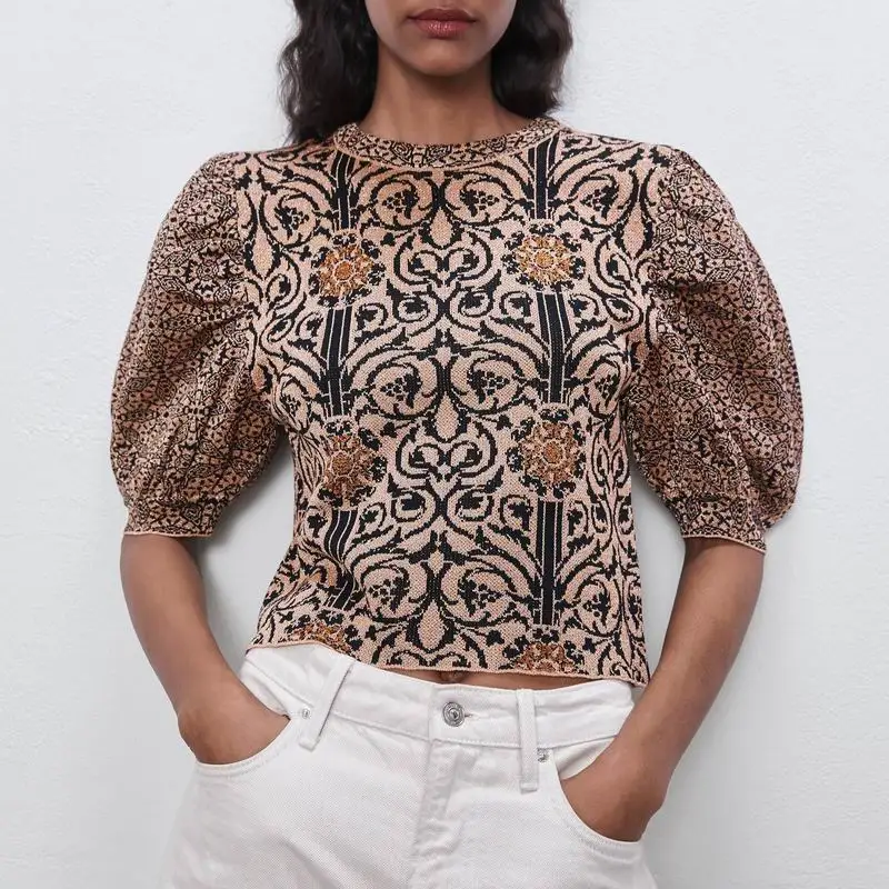 Женские трикотажные топы весна 2020 новый модный короткий рукав жаккардовый узор с