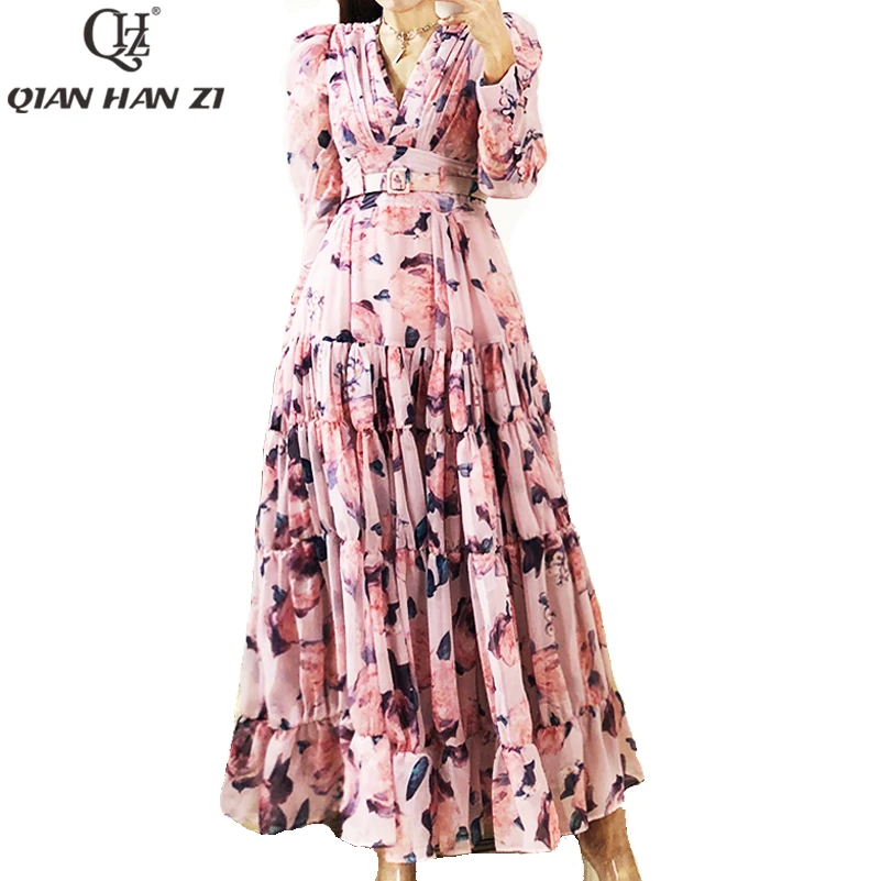 Qian Han Zi Spring/Summer runway elegant dress Women V-neck Long Sleeve Belt Slim vintage Folds Print Beach Holiday Long dress