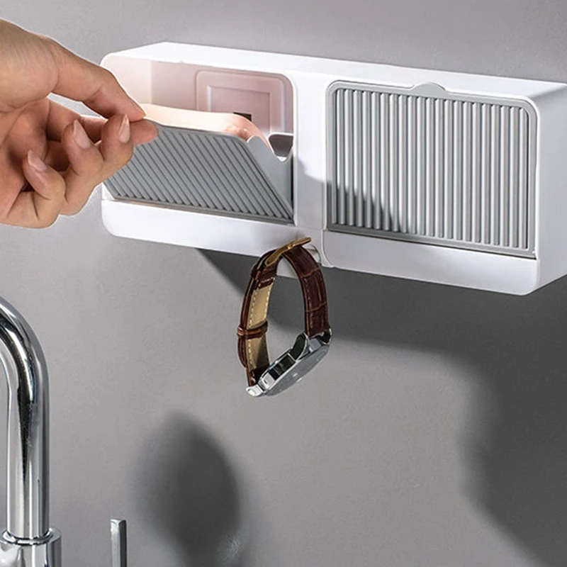 

Retail Wall Mounted Soap Box with Lid Double Grids Soap Draining Rack Bathroom Soap Holder