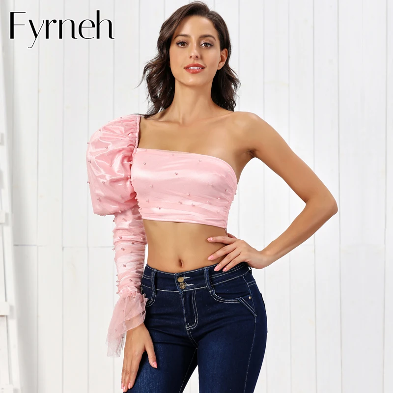 Весенний короткий топ Fyrneh на одно плечо с пышными рукавами и вырезом лодочкой