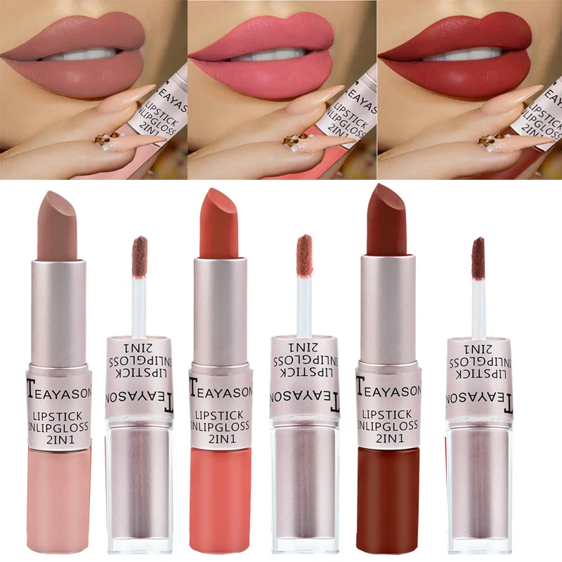 

12 Colors Nude Lip Gloss 2 In 1 Matte Waterproof Sexy Red Glossy Lasting Velvet Non Sticky Lipstick Fashion Lip Tint Makeup