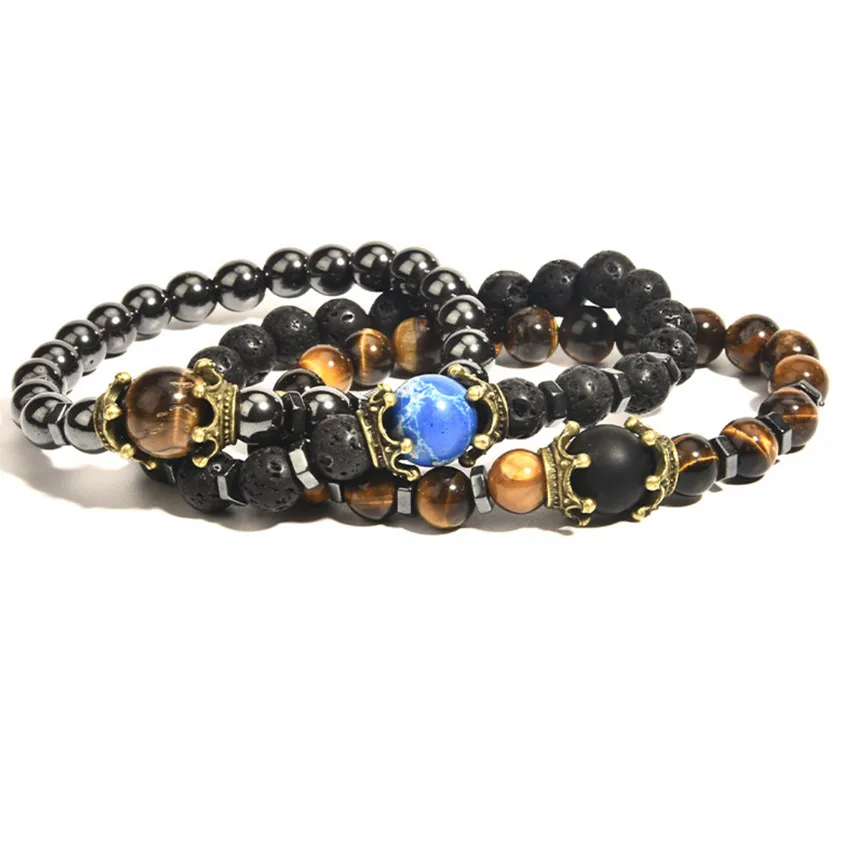 FYSL Copper Crown Connect Tiger Eye Stone Beads Elastic Bracelet Lapis Lazuli Vintage Style Jewelry images - 6
