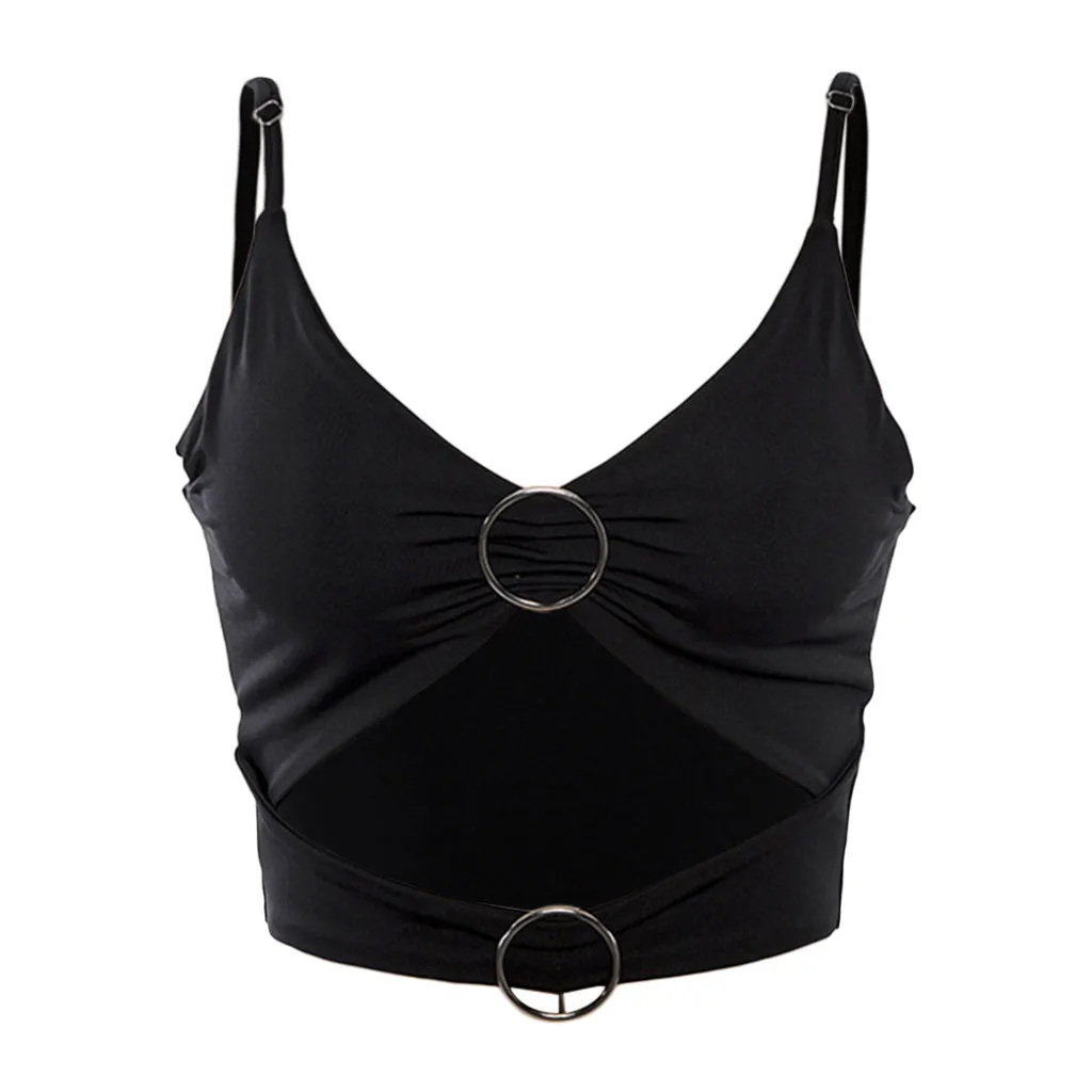 

Women Sexy Crop Top Hollow Out Metal Button Spaghetti Strpa Tank Tops Ladies Backless Solid Cami Crop Tops Camisoles Haut Femme