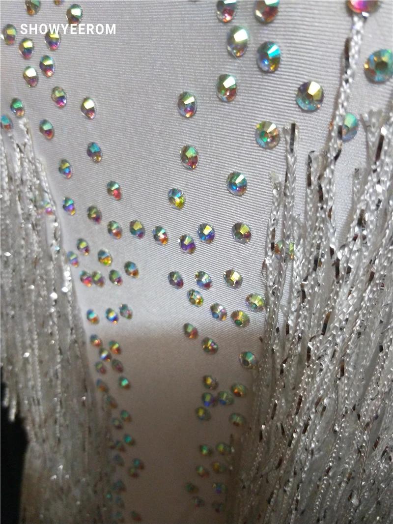 white Sparkly Rhinestones Tassel Leotard Nightclub Dance DS Show Stage Wear Stretch Bodysuit Party Female Singer Outfit | Тематическая