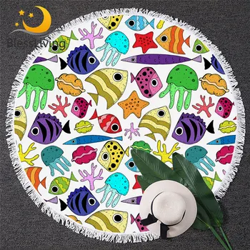 BlessLiving Fish Round Bath Towel Marine Creature Beach Towel With Tassel Girly Summer Blanket Cartoon Beach Mat Cute Toalla 1pc 1