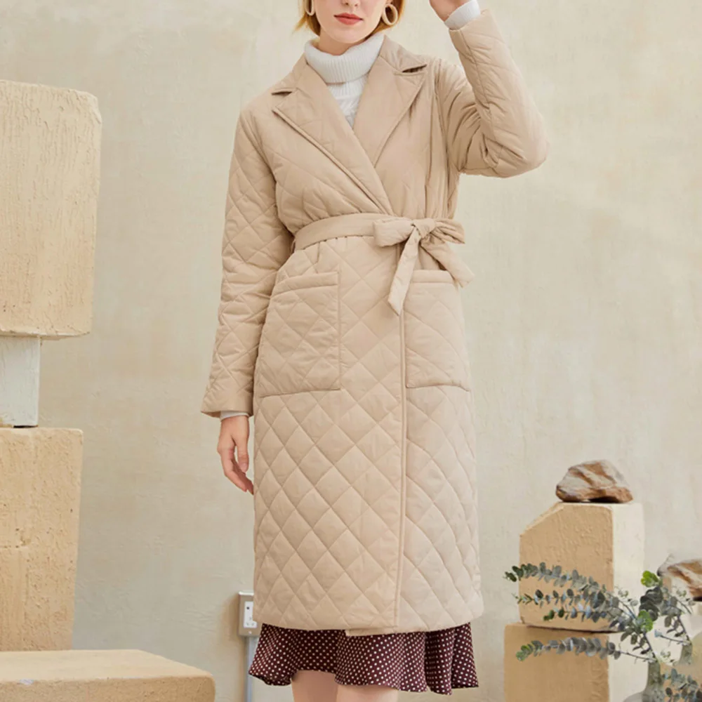 

2021 Fashion Popular Elegant Hot Sale Straight Long Women's Cotton Vintage Plaid Plain Belt Pocket Padded Long Sleeve Jacket