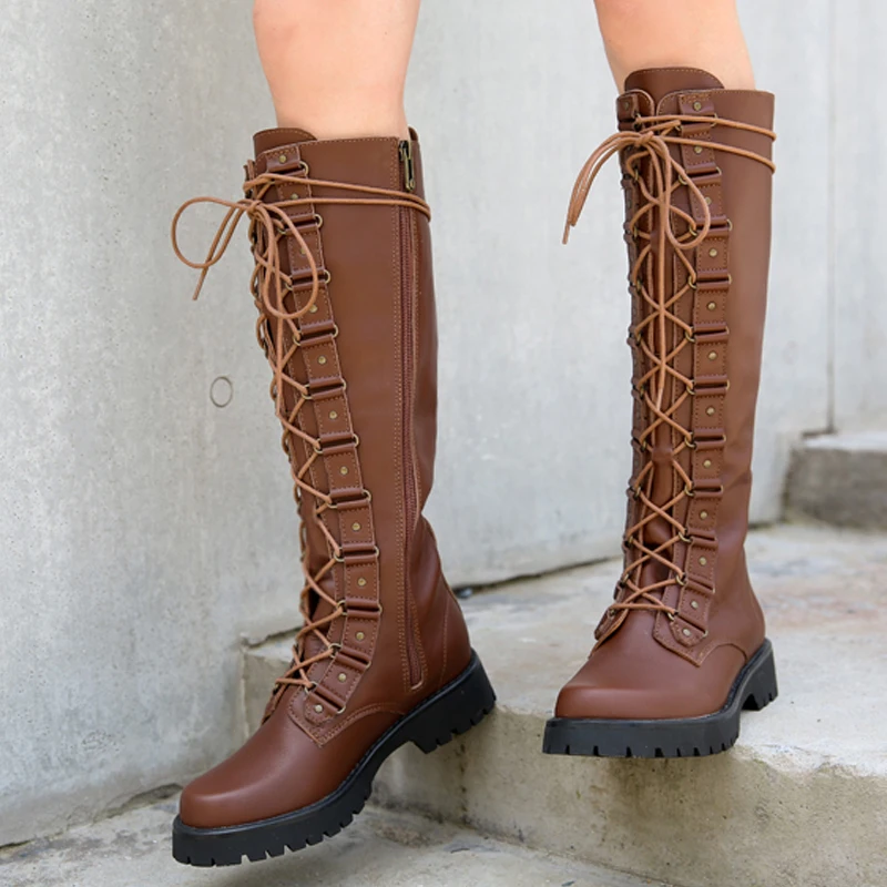 

Women's British Style Autumn Leather Cross Strap Mid Calf Boots Lace-Up Handsome Square Heel Thick-Soled High-Top Knight Boots