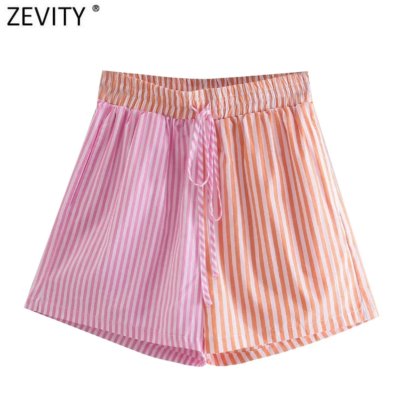 

Zevity Women Fashion Patchwork Striped Print Casual Hot Bermuda Shorts Female Chic Elastic Waist Summer Pantalone Cortos P1086