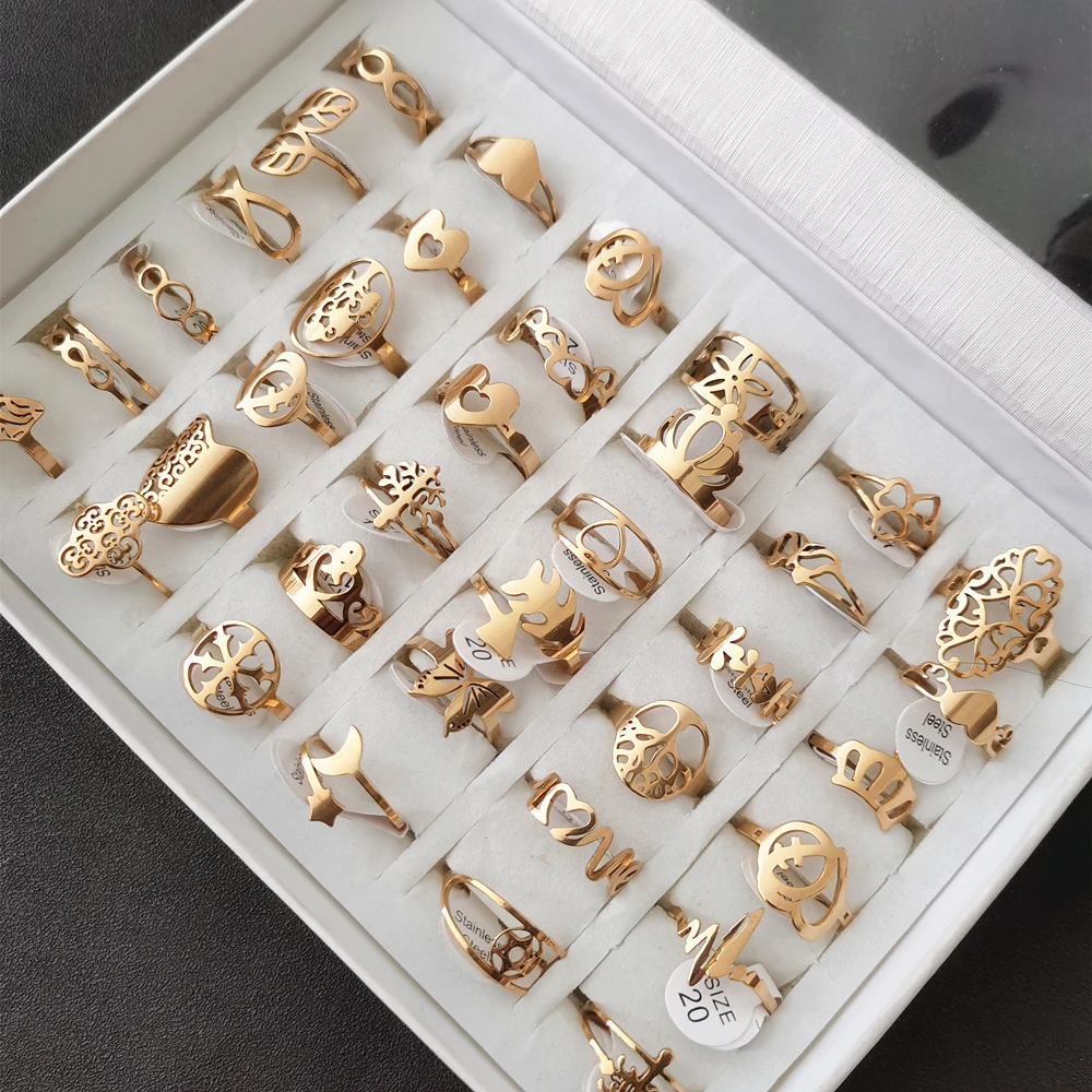 

10PCS Lot Ring Stainless Steel Female Ring For Women Plated Gold Color No Fade Jewelry For Good Friend Party Birthday Best Gifts