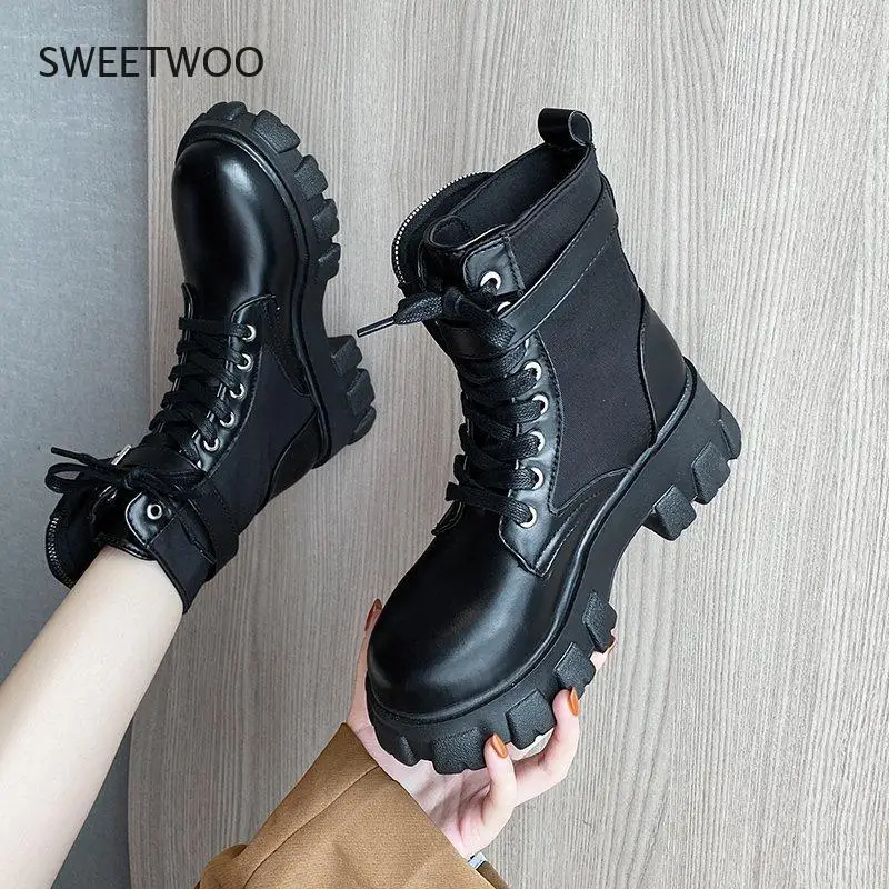 2021 black khaki platform combat and ankle boots women's lace buckle straps women's shoes winter shoes large size boots