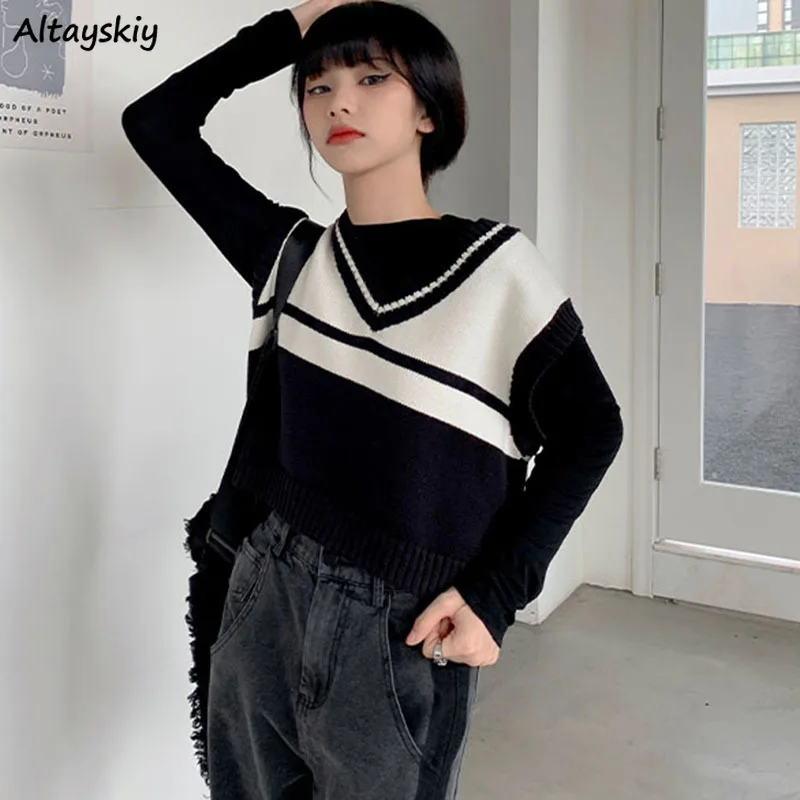 

Contrast Sweater Vest Women V-neck Short Sleeveless Sweaters Student Preppy Bottoming Elasticity Waistcoat Tricot Tops Mori-girl