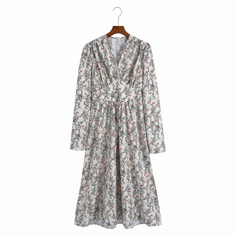 

Autumn Dress 2021 New Women Clothing Long Sleeve Stylish Prints V-Neck Mid-Calf Vestido