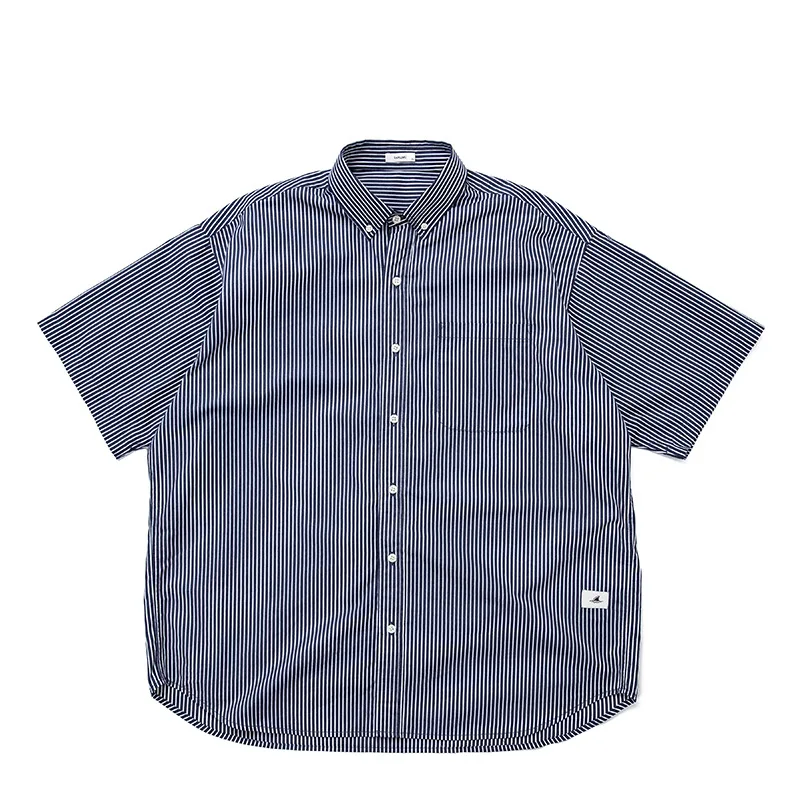 

CityBoy Tibetan Blue Vertical Stripe Wide Big Piece Shirt Male Tide Loose Working Short Sleeve Shirt