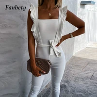 elegant ruffle sleeve bodycon office lady jumpsuit summer women sexy tie up belt slim overall playsuit casual solid color romper