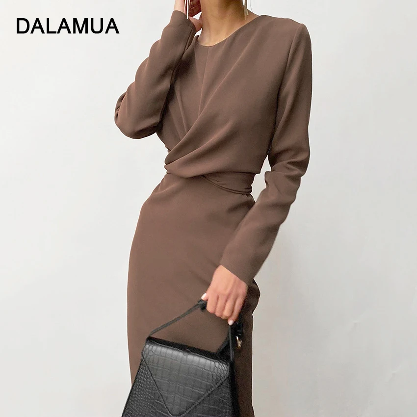 

Женское платье с длинным рукавом, облегающее однотонное офисное платье миди с круглым вырезом и узлом, с высокой талией, весна 2022