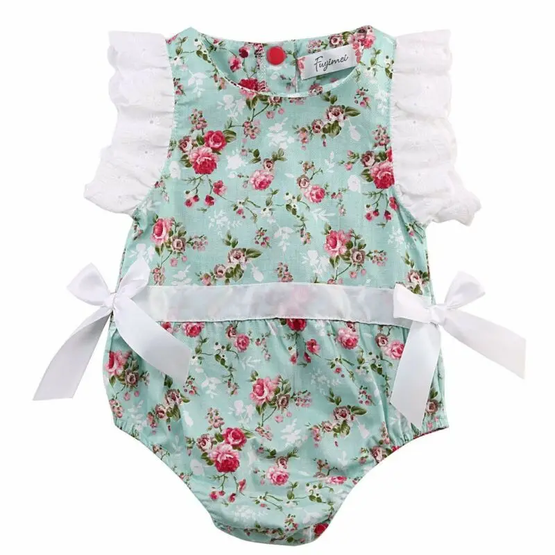 

Toddler Newborn Baby Girls Pretty Romper Short Petal Sleeve Floral Print Lace Bowknot Jumpsuits Cute Summer Romper
