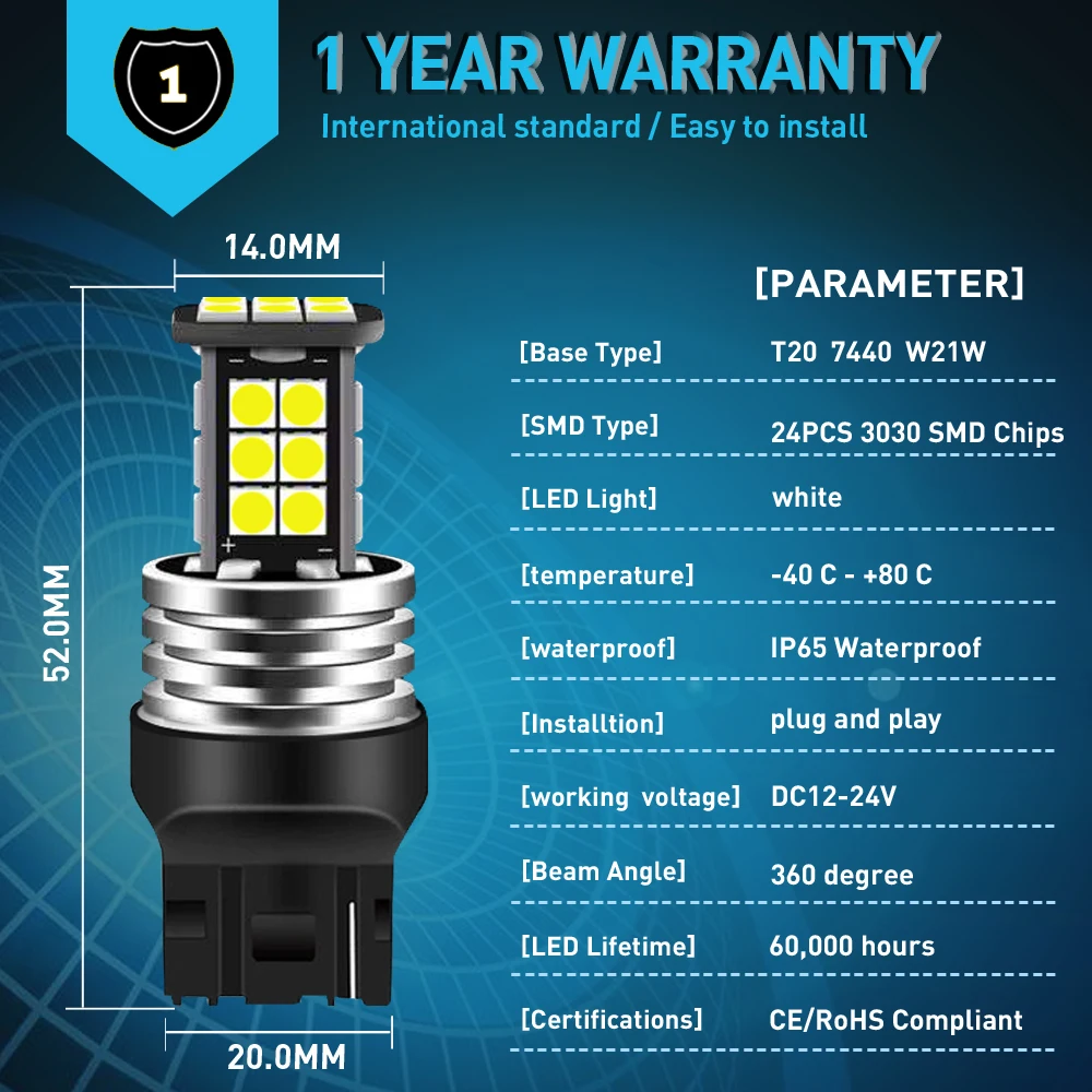2 шт. Автомобильные светодиодные лампы Canbus T20 W21W W21/5W 7440|Сигнальная лампа| |