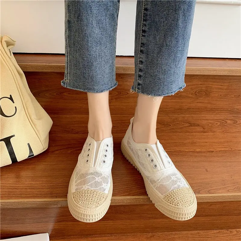 

Fashion Summer Women Lace Sneakers Comfortable Flat Vulcanized Canvas Shoes Female Trendy Outdoor Walking Footwear Zapatos Mujer