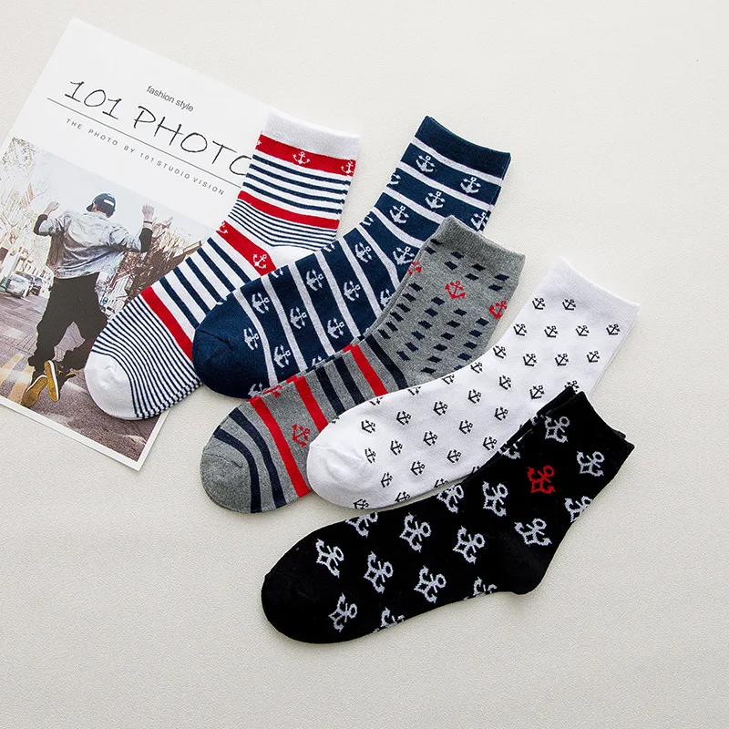 5 пар Модные полосатые носки с якорем мужские хлопковые длинные осенне зимние