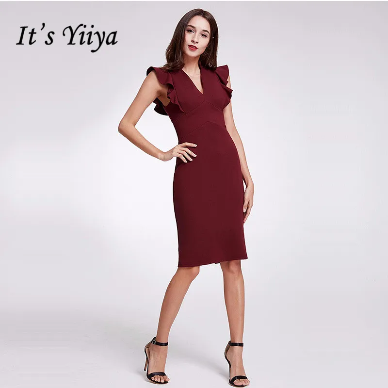 

It's Yiiya Evening Dress V-Neck Burgundy Plus Size Evening Dress 2020 C419 Sleeveless Ruffles A-Line Dress Woman Party