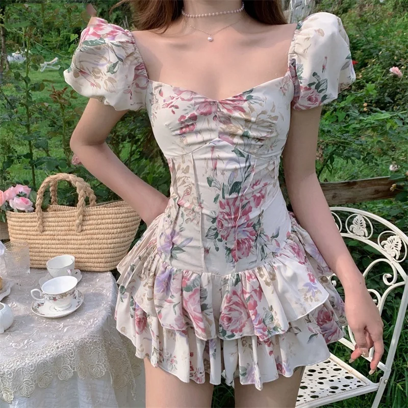 

Kawaii Summer Lolita Dress Soft Girl Elegant Square Collar Boho Beach Floral Print Dress Women Vintage Slim Puff Sleeve Dresses