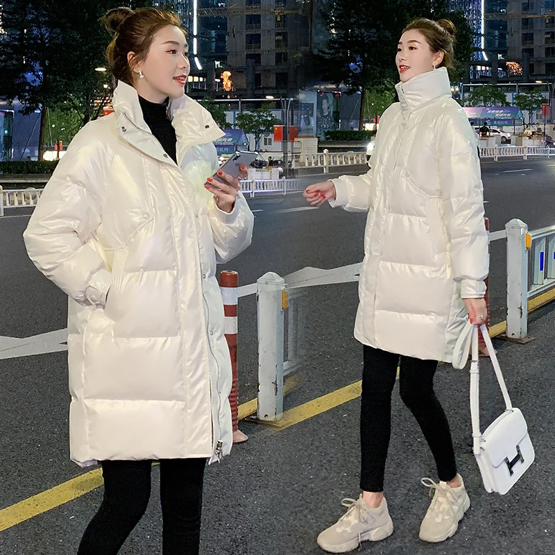 

2021 Winter New Korean Medium Long Down Jacket Women's Clothing Stand Collar Loose Slim Fashion Thickened Top Coat Manteau Femme