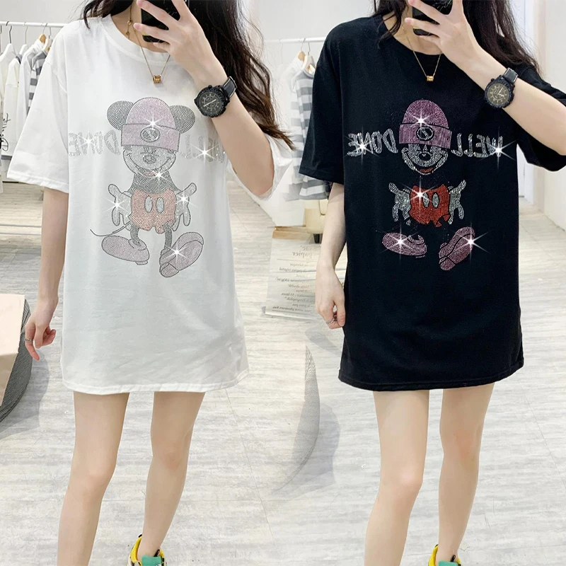 

Disney Women Clothes Rhinestone Cartoon Oversized Fashion Women Clothing Tshirt Summer New Mickey Mouse Round Neck Girls Blouse
