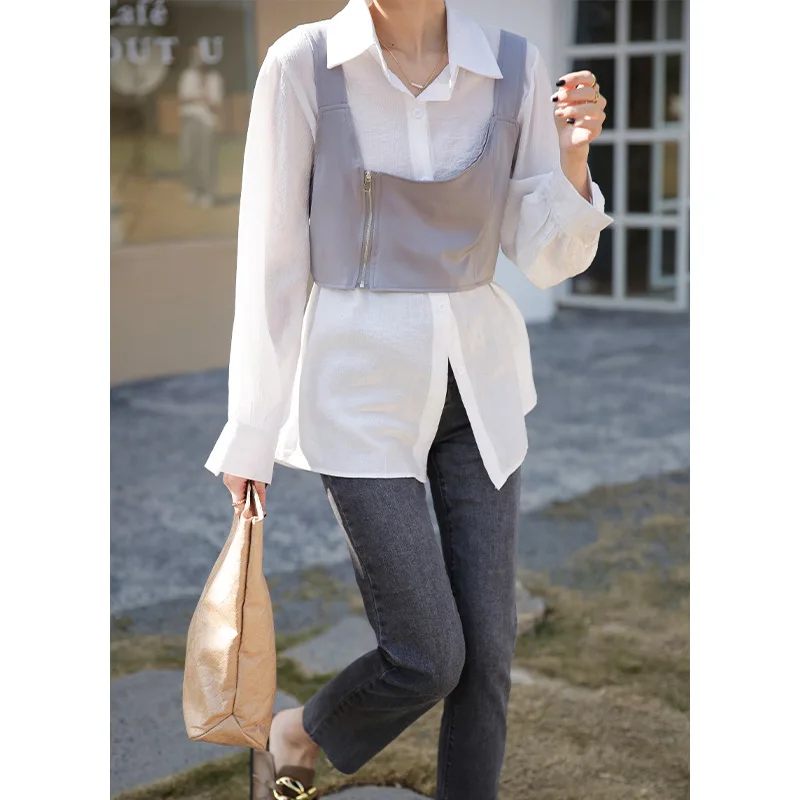 

Women's clothing 2021 spring new style suit fashion thin long-sleeved shirt simple zipper short vest two-piece suit