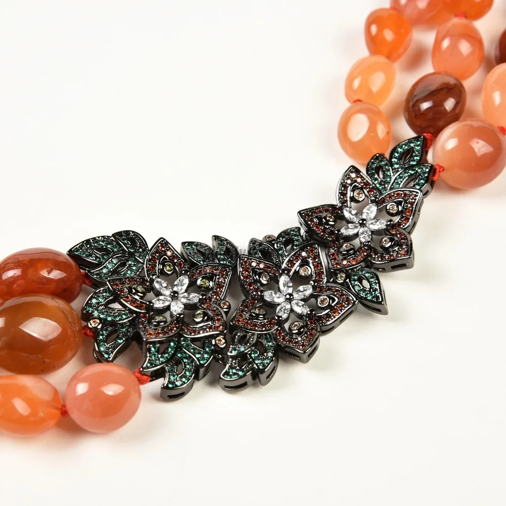 

GuaiGuai Jewelry 19"-22'' 3 Strands Orange Carnelian Agate Nugget Necklace CZ Pave Pendant