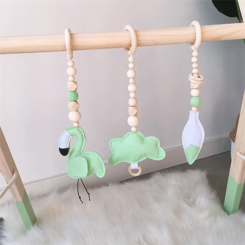 Wooden Beads Nursery Bead Wall Ornaments With Felt Feather Flamingo Tent Hanging Pendant Baby Rattle Stroller Play Gym Toy Decor