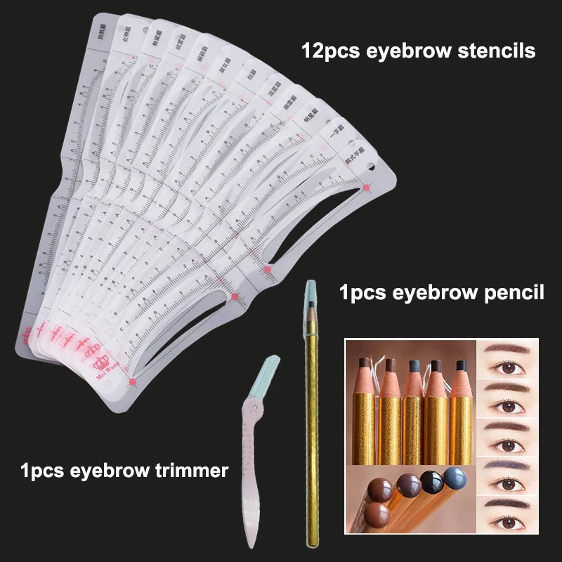 

12 shapes Eyebrow Stencil head strap Eyebrow Ruler Measure Shaping Tools with Eyebrow Pencil and Trimmer Microblading Accessory