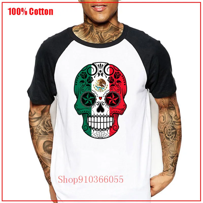 Сахарный череп с розами и флагом Мексики Футболка 100% хлопок Camiseta Оригинальная