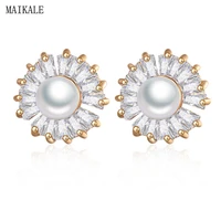 maikale simple flower zircon stud earrings with pearl round cubic zirconia small earings korean earrings for women jewelry gift