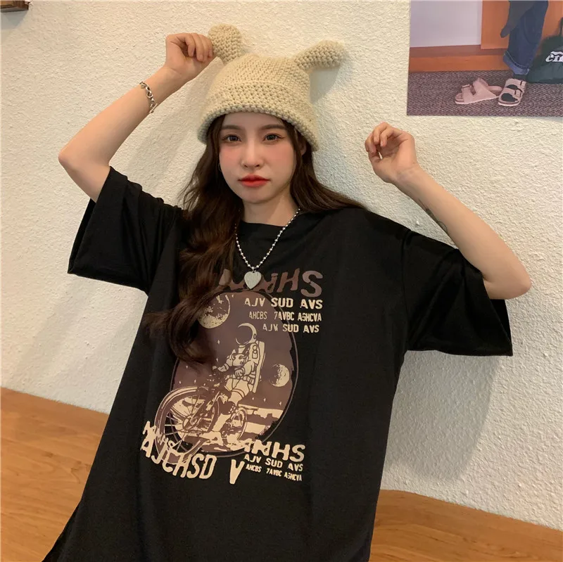 

2021 new summer all-match casual personality full of loose short-sleeved cotton T-shirt women's mid-length Harajuku style