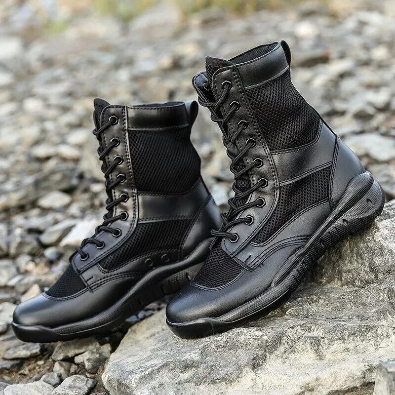 Ботинки мужские сетчатые легкие дышащие боевые ботинки на платформе черные лето