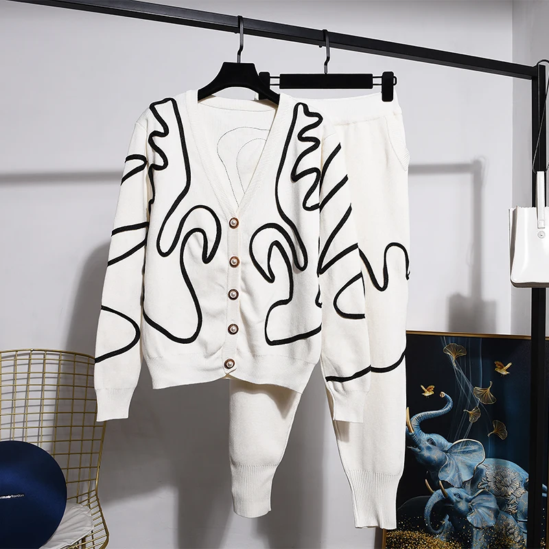 

Осенний модный белый вязаный спортивный костюм, женский Свободный Повседневный вязаный кардиган с V-образным вырезом, свитер и брюки-каранд...