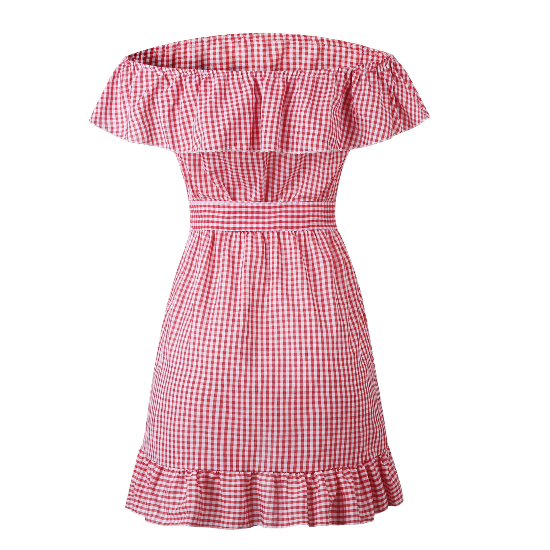 

Dress Summer Women Bohemian Slash Neck A-line Sexy Short Sleeves Dress Holiday Beach Mini Dresses Off Shoulder Plaid Sundress