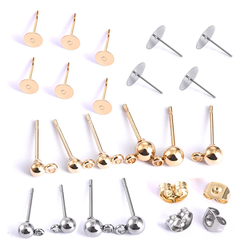 20pcs Stainless Steel Dia 4/5/6/8/10mm Stud Earrings Back Plug Ear Pins Ball Needles for DIY Jewelry Making Findings
