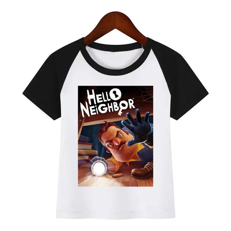 Веселая детская игра, футболка с круглым вырезом и рисунком «Hello neigher», футболки летние топы, Детская футболка для девочек, одежда для мальчиков и девочек