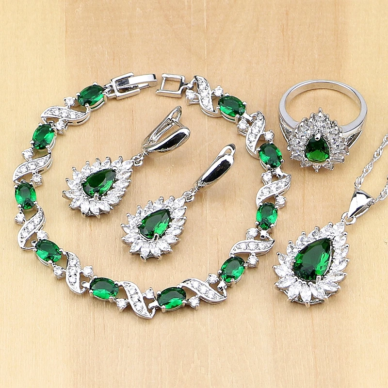 

Natural Green Cubic Zirconia White CZ 925 Sterling Silver Jewelry Sets For Women Earrings/Pendant/Necklace/Rings/Bracelet