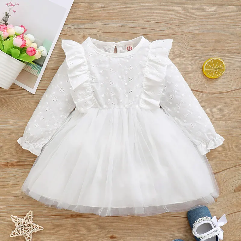 Baby Girls Cute Dresses Infant Mesh Princess Dress Children's Clothes 2022 Spring Long Sleeve Cotton Patchwork Kids White |