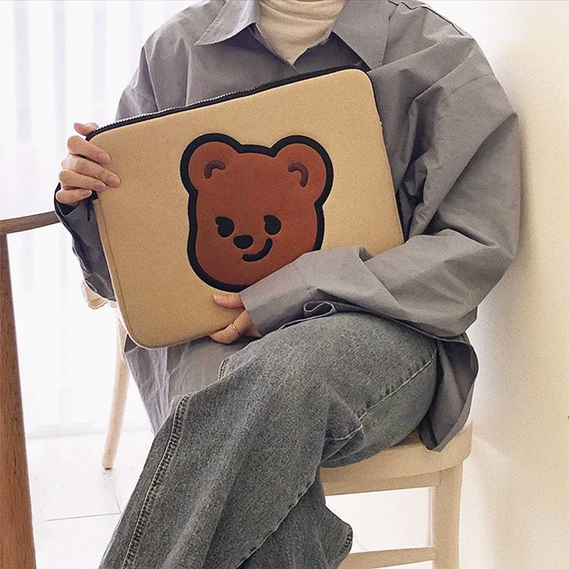 

Case Ins Cute Bear Laptop Case Embroidery Hand Tablet Protective Cover ipad 11/13 inch inner bag girls